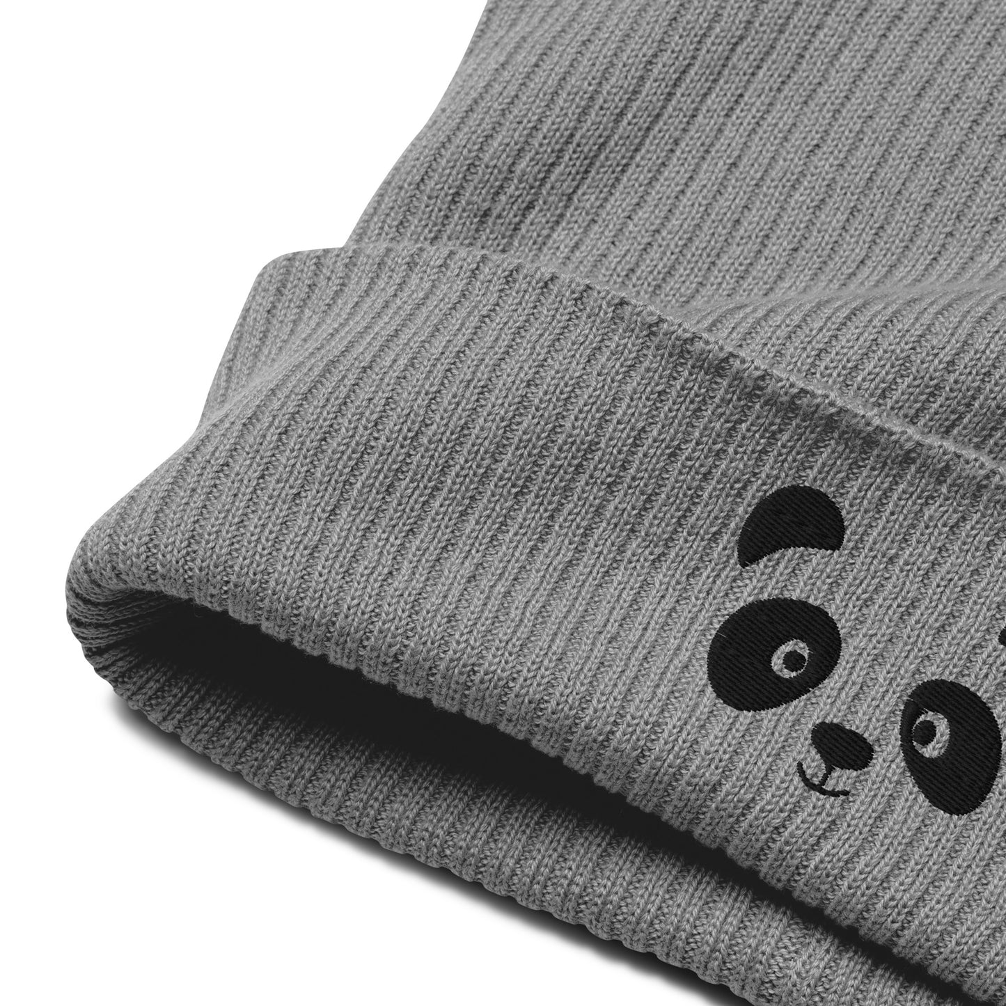Panda face black embroidered, organic cotton ribbed beanie