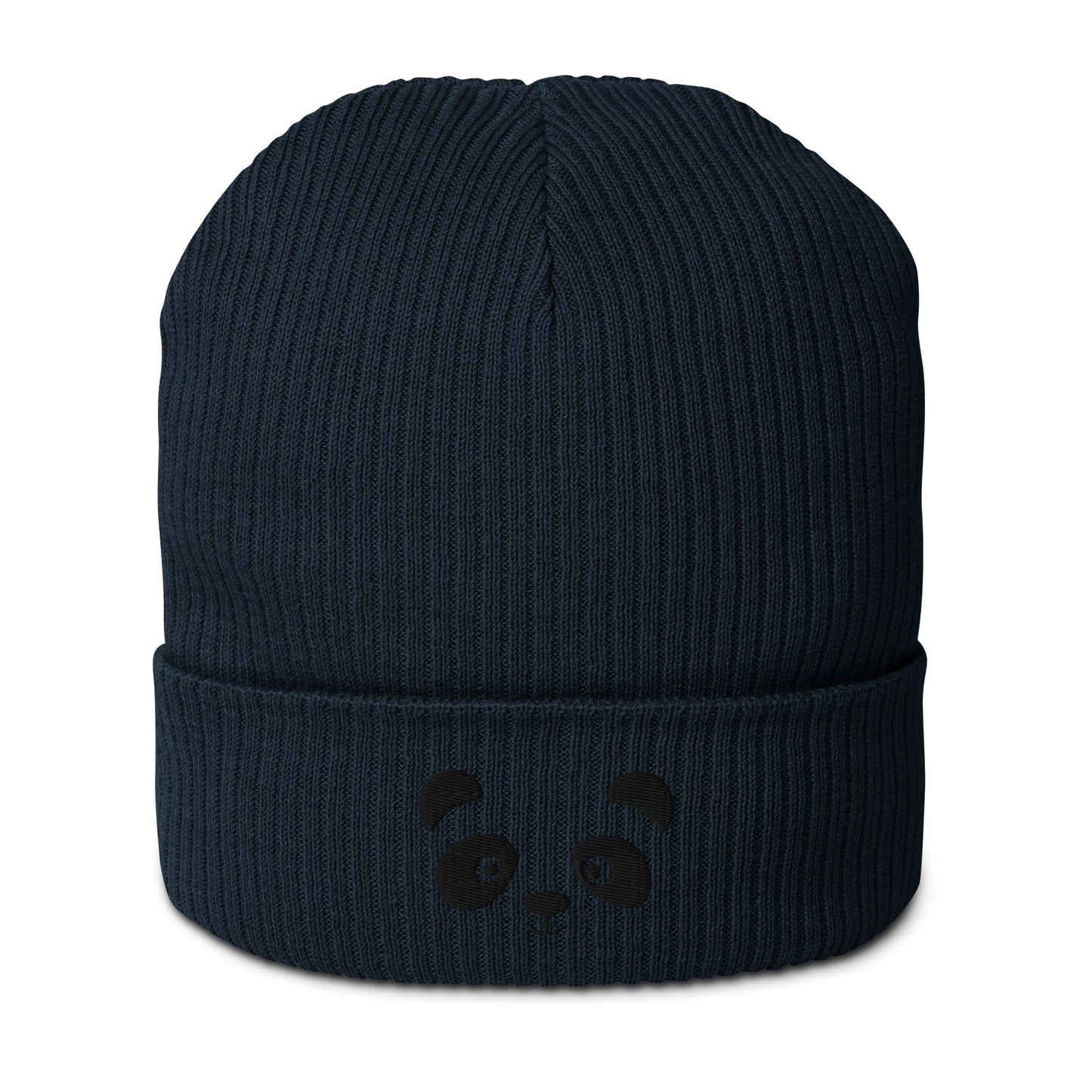 Panda face black embroidered, organic cotton ribbed beanie
