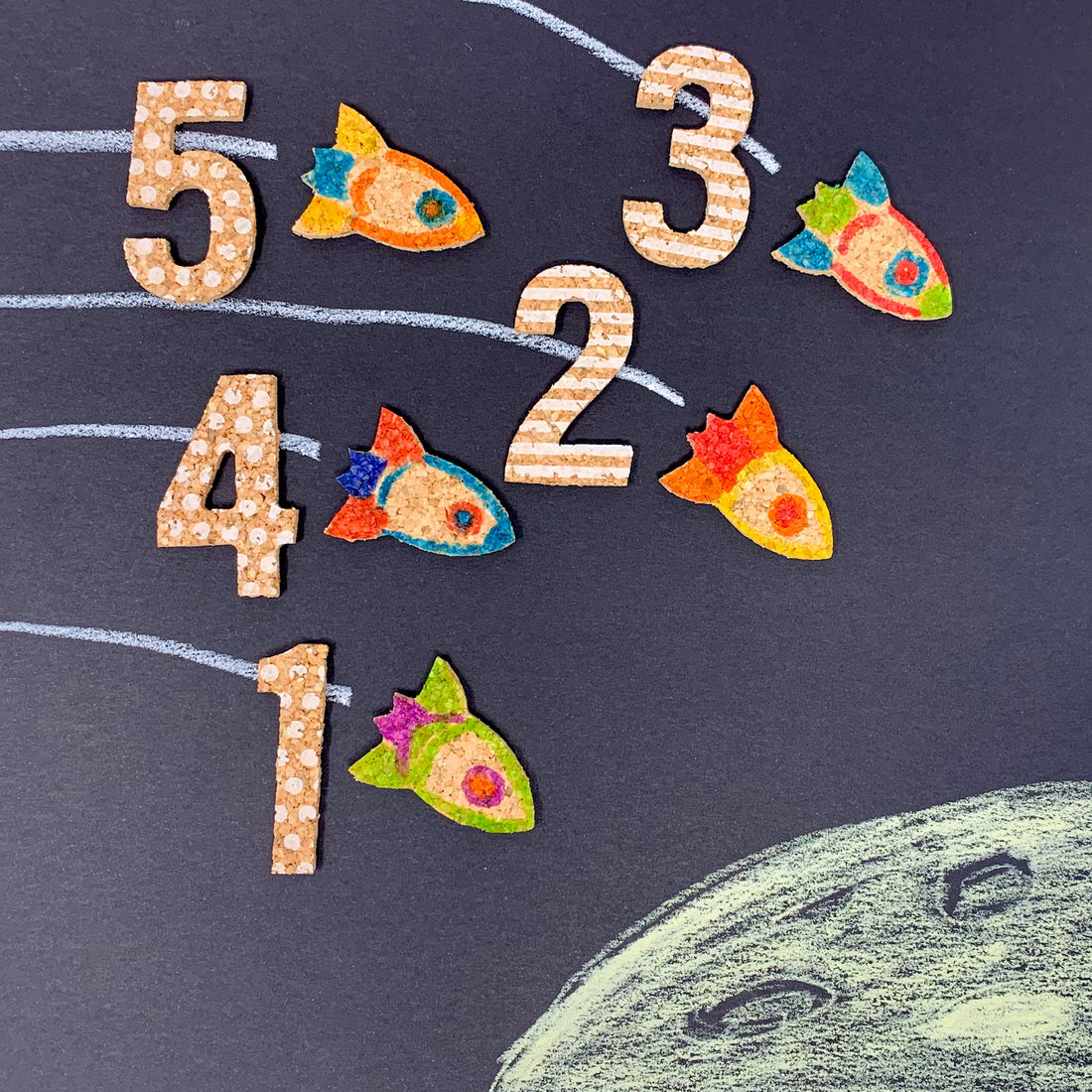 Counting with cork shapes - reach the moon with rockets - learn through play - PEpMelon Adventure Craft Kit
