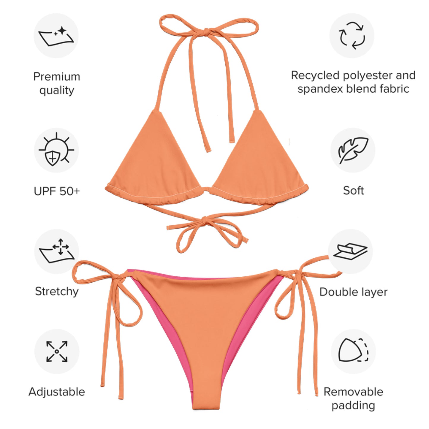 Atomic tangerine recycled string bikini set, sustainable fashion triangle bikini, sexy orange bikini belly off high-waisted