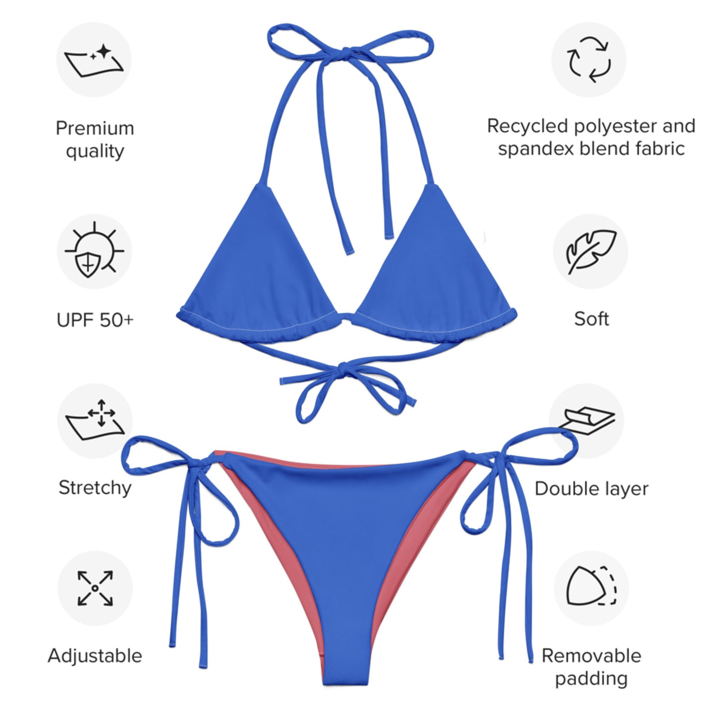 Light blue recycled string bikini set, sustainable fashion triangle bikini, sexy red bikini belly off high-waisted