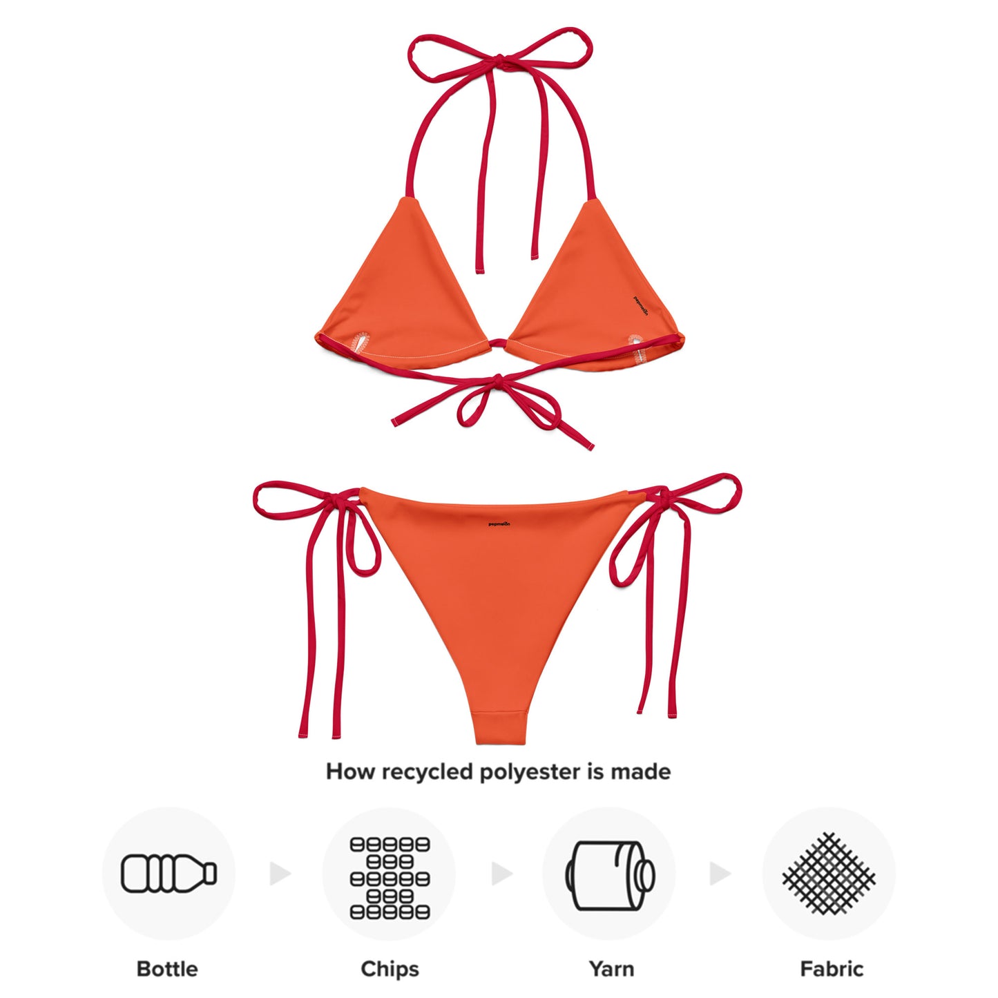 Crimson red recycled string bikini set, sustainable fashion triangle bikini, sexy red bikini belly off high-waisted