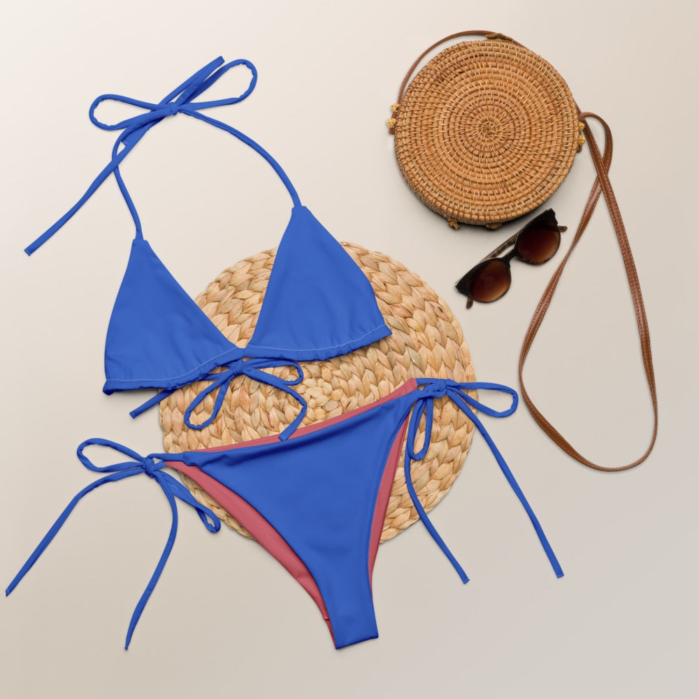 Light blue recycled string bikini set, sustainable fashion triangle bikini, sexy red bikini belly off high-waisted