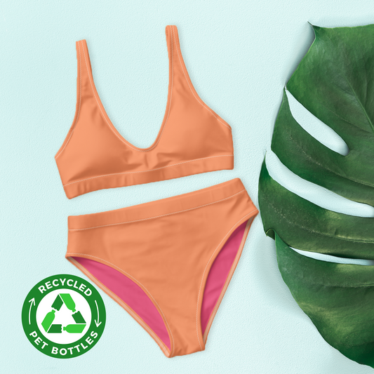 Atomic Tangerine Orange Recycled High-waisted Sport bikini,Swimwear for Woman, two part bathing swim suit eco-fashion beachwear, plus size swim