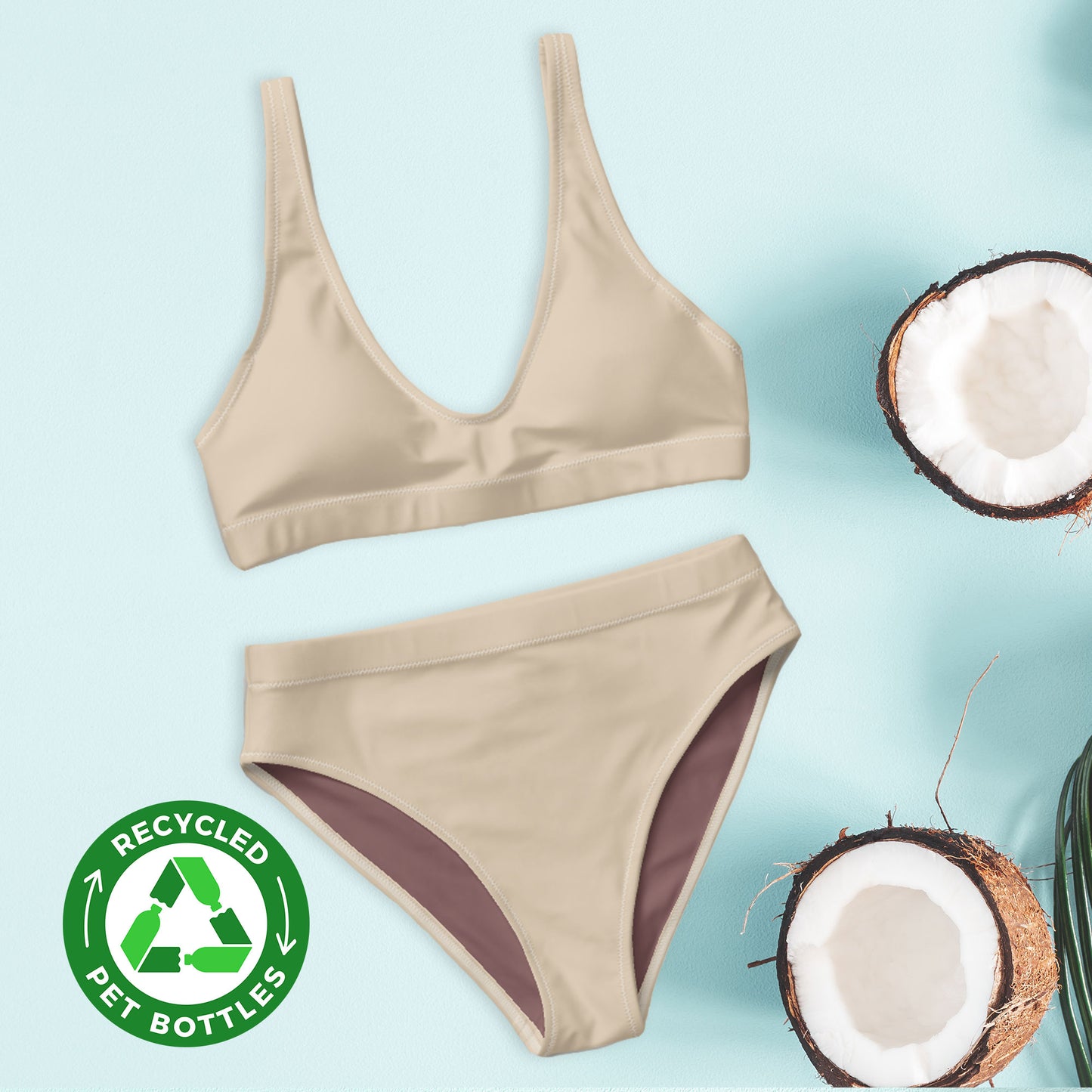 Almond creme, beige Recycled high-waisted bikini set