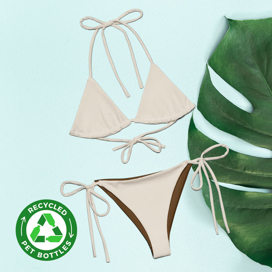 Alabasterbeiger, recycelter String-Bikini-Set, umweltfreundlicher Triangel-Bikini, doppellagiger, umweltfreundlicher UPF 50+-Bikini