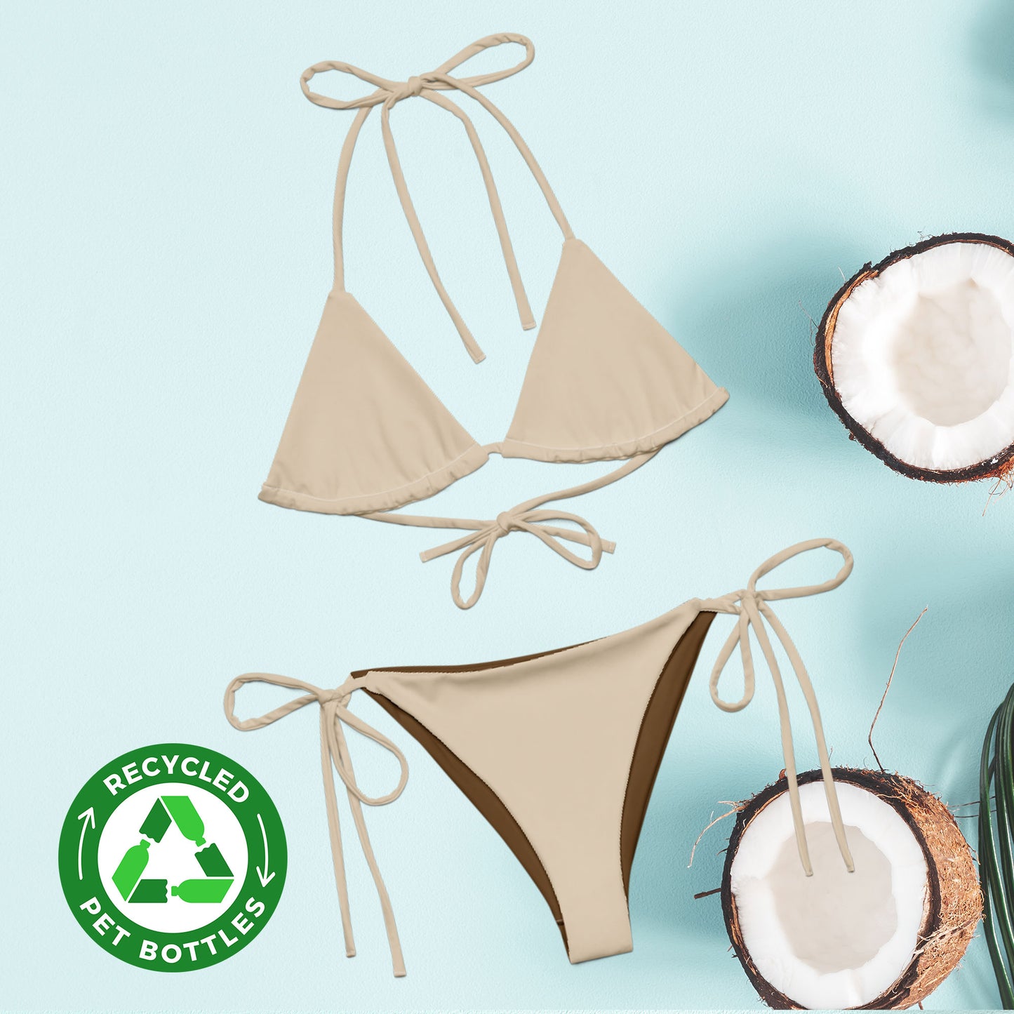 Bikini string recyclé beige amande bikini triangle écologique double épaisseur UPF 50+ bikini écologique