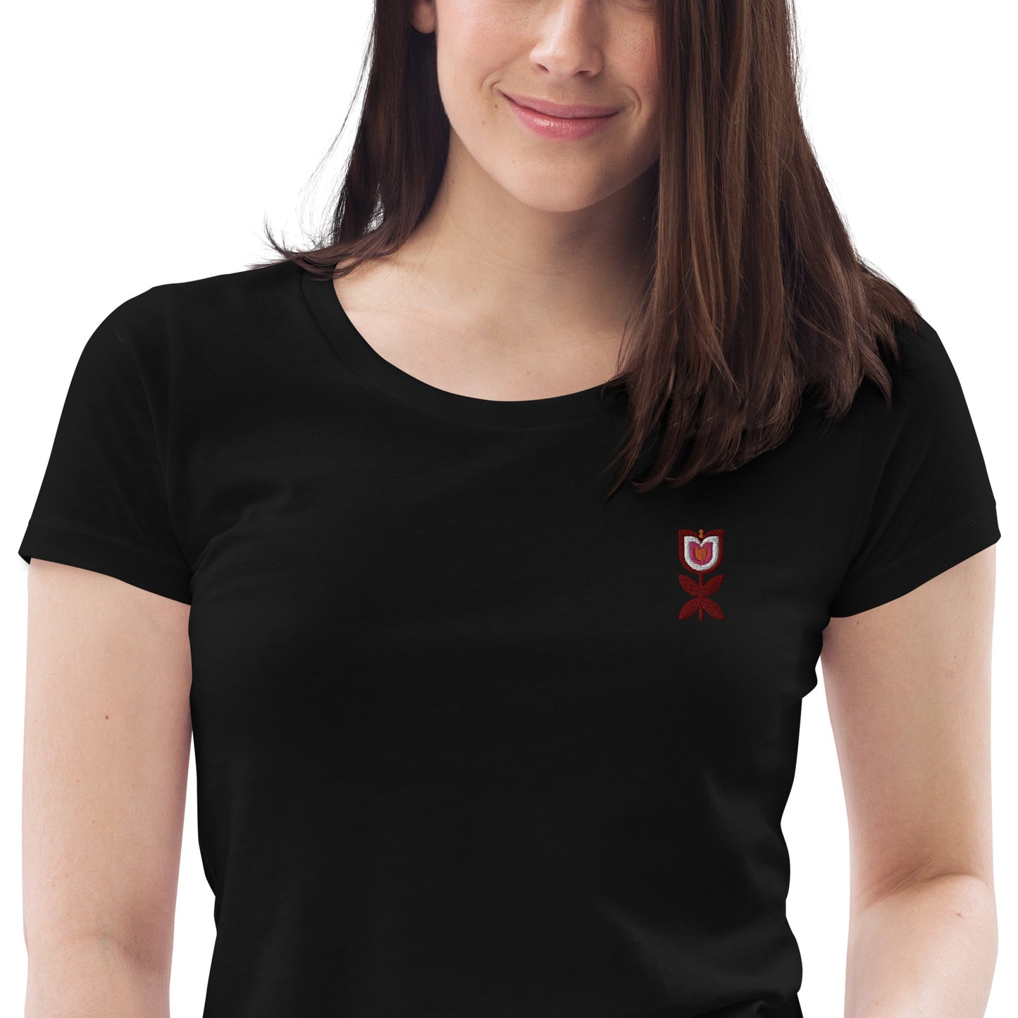 Embroidered tulip flower Bauhaus style T-shirt in organic cotton - Women black