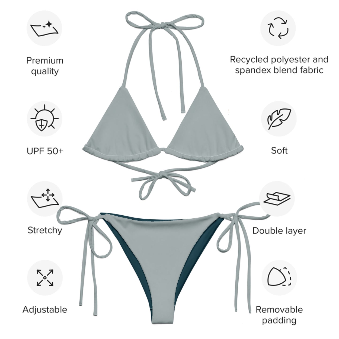 Ash gray Recycled string bikini set eco-friendly triangle bikini double-layered UPF 50+ eco-friendly bikini
