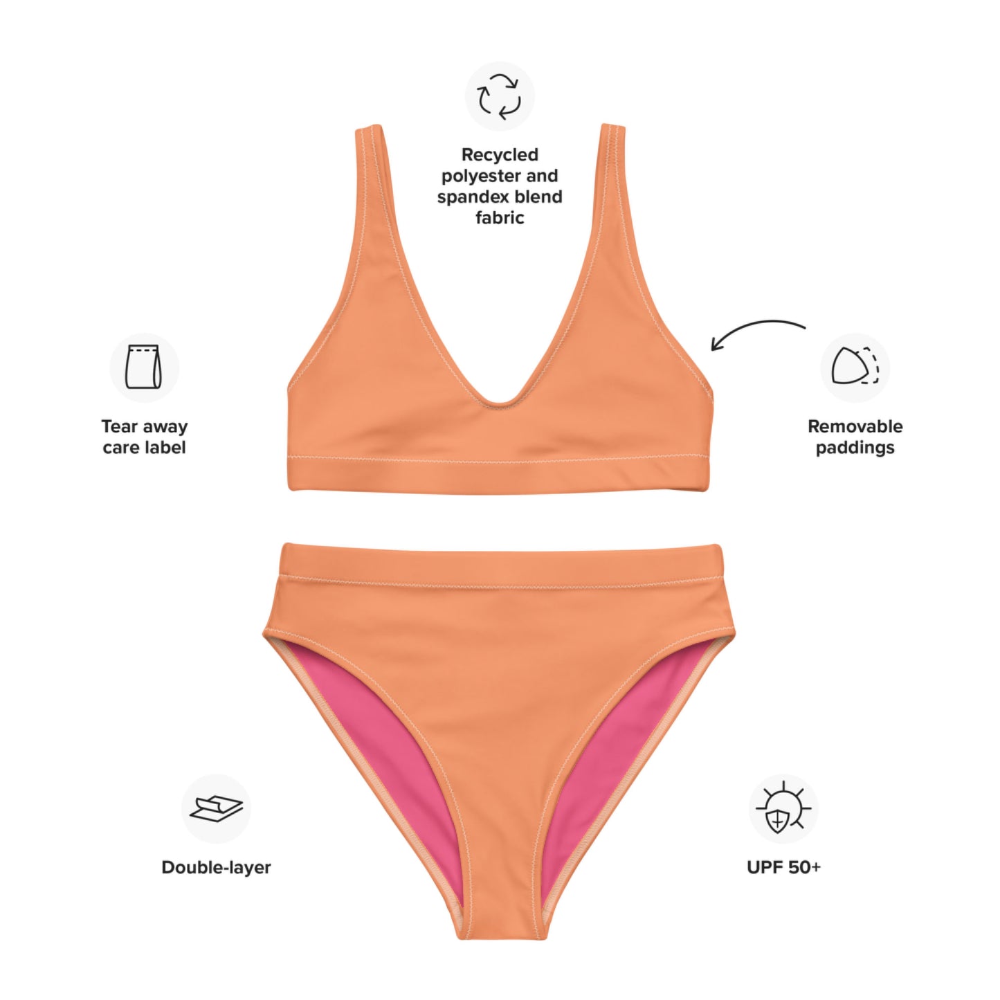 Atomic Tangerine Orange Recycled High-waisted Sport bikini,Swimwear for Woman, two part bathing swim suit eco-fashion beachwear, plus size swim