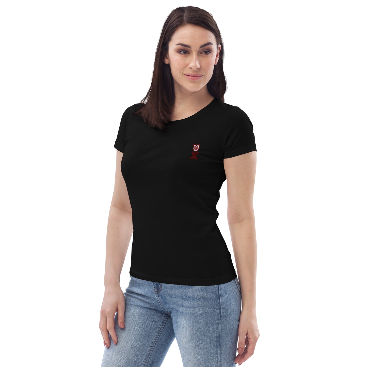 Embroidered tulip flower Bauhaus style T-shirt in organic cotton - Women black