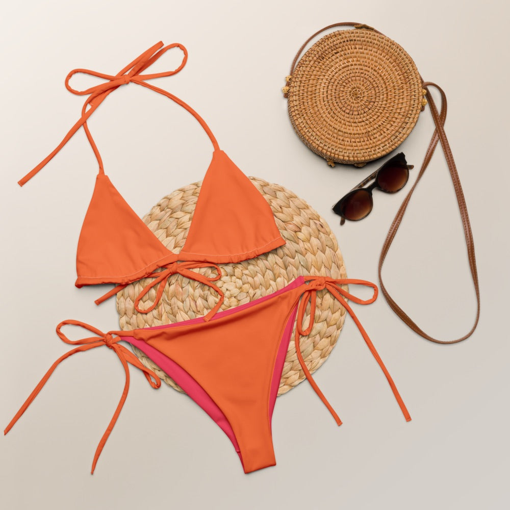 Burnt orange recycled string bikini set, sustainable fashion triangle bikini, sexy tangerine bikini belly off high-waisted