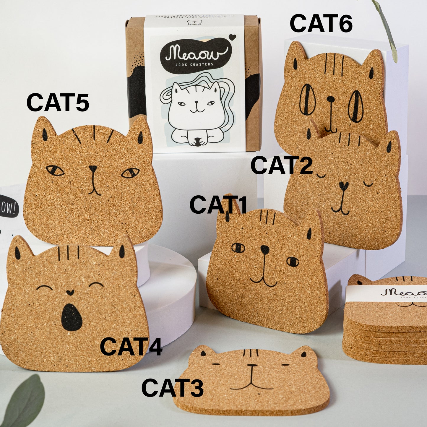 Meaow Симпатични котки - Коркови подложки, кръгли, комплект от 6