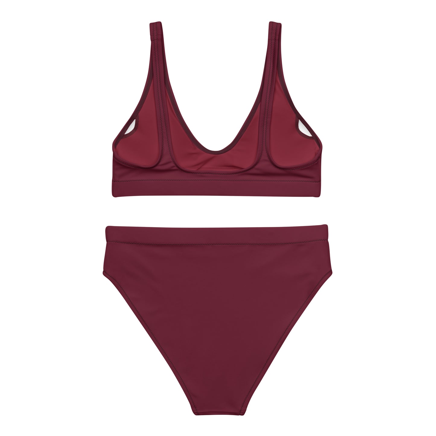 Dunkles Weinrot, Rubinrot. Recyceltes Bikini-Set mit hoher Taille, bequeme Sportbadebekleidung, Strandoberteil und Bikiniunterteil, umweltfreundliches Burgunderrot