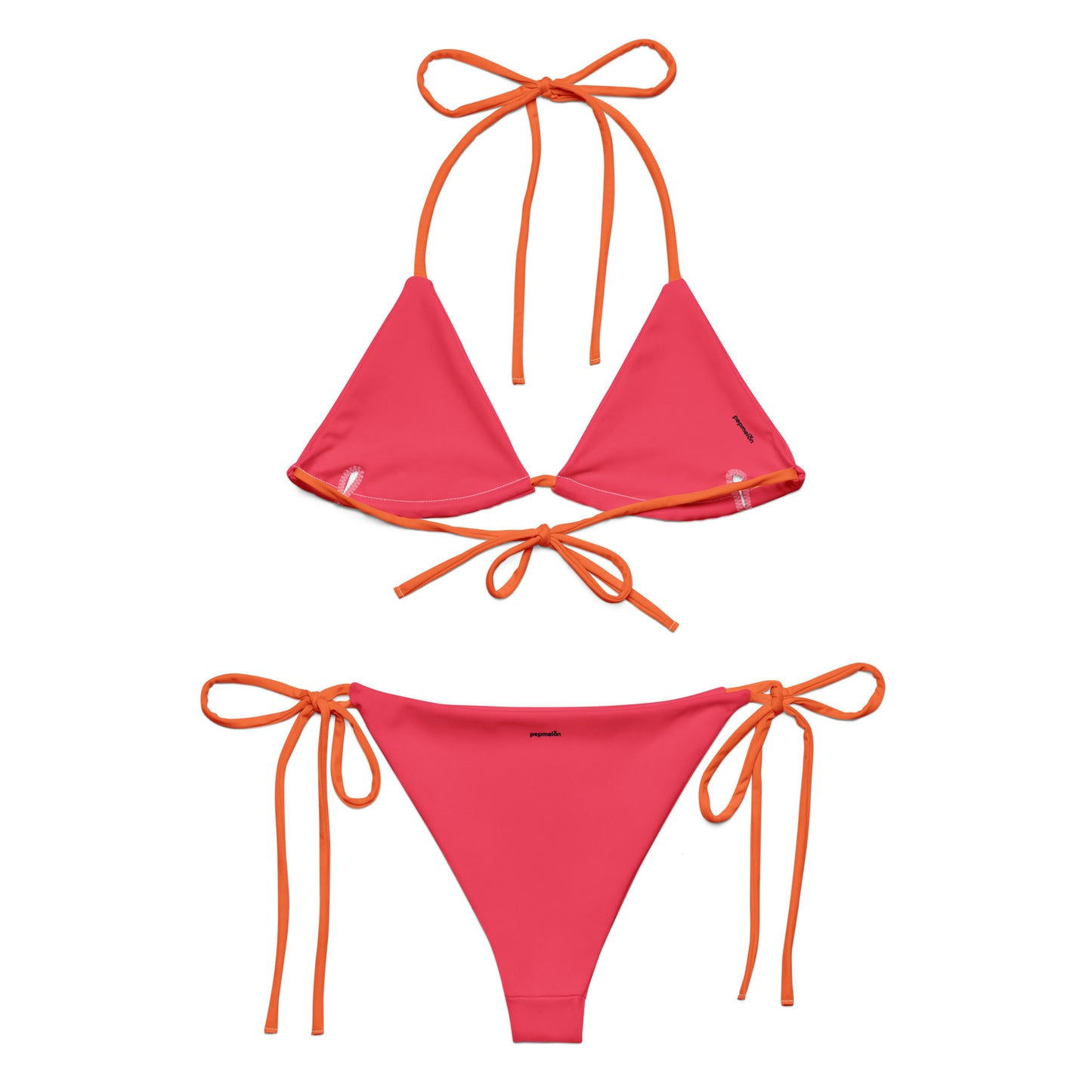 Burnt orange recycled string bikini set, sustainable fashion triangle bikini, sexy tangerine bikini belly off high-waisted