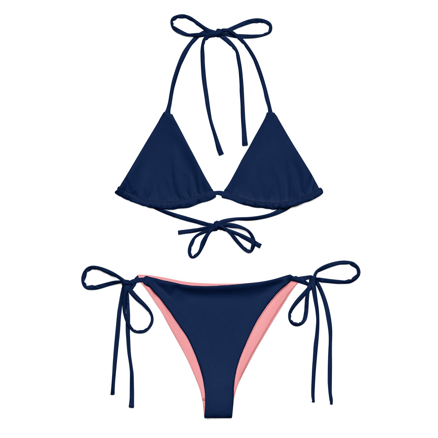 Dark royal blue recycled string bikini set, sustainable fashion triangle bikini, sexy red bikini belly off high-waisted