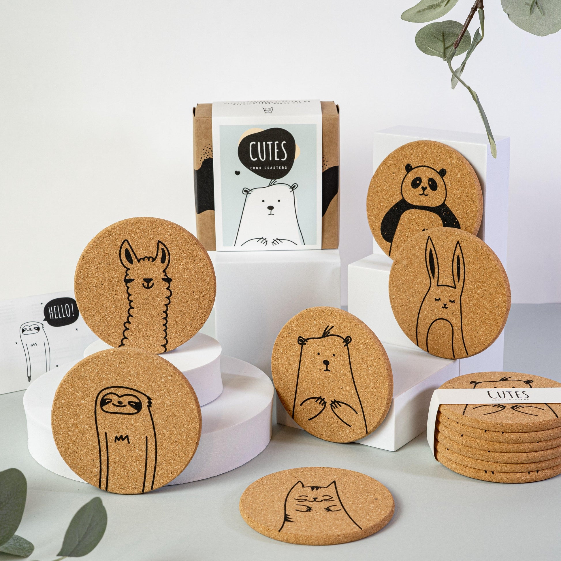 Cutes - Cork coasters, set of 6, cute animals - PepMelon