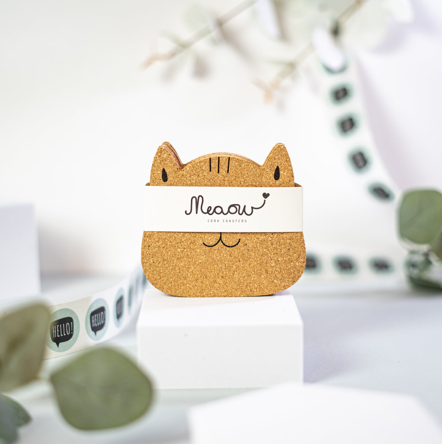 Meaow Симпатични котки - Коркови подложки, кръгли, комплект от 6