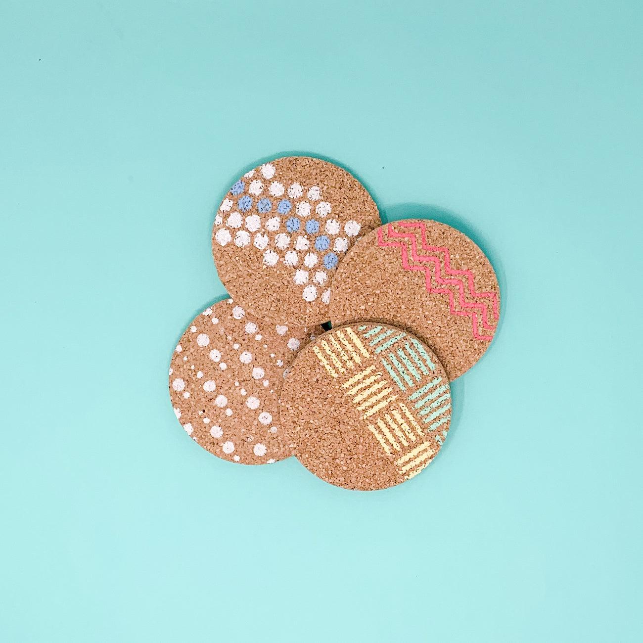 Decorate your cork coaster set with chalk or paint, to create your uniqu gift for family and friends.